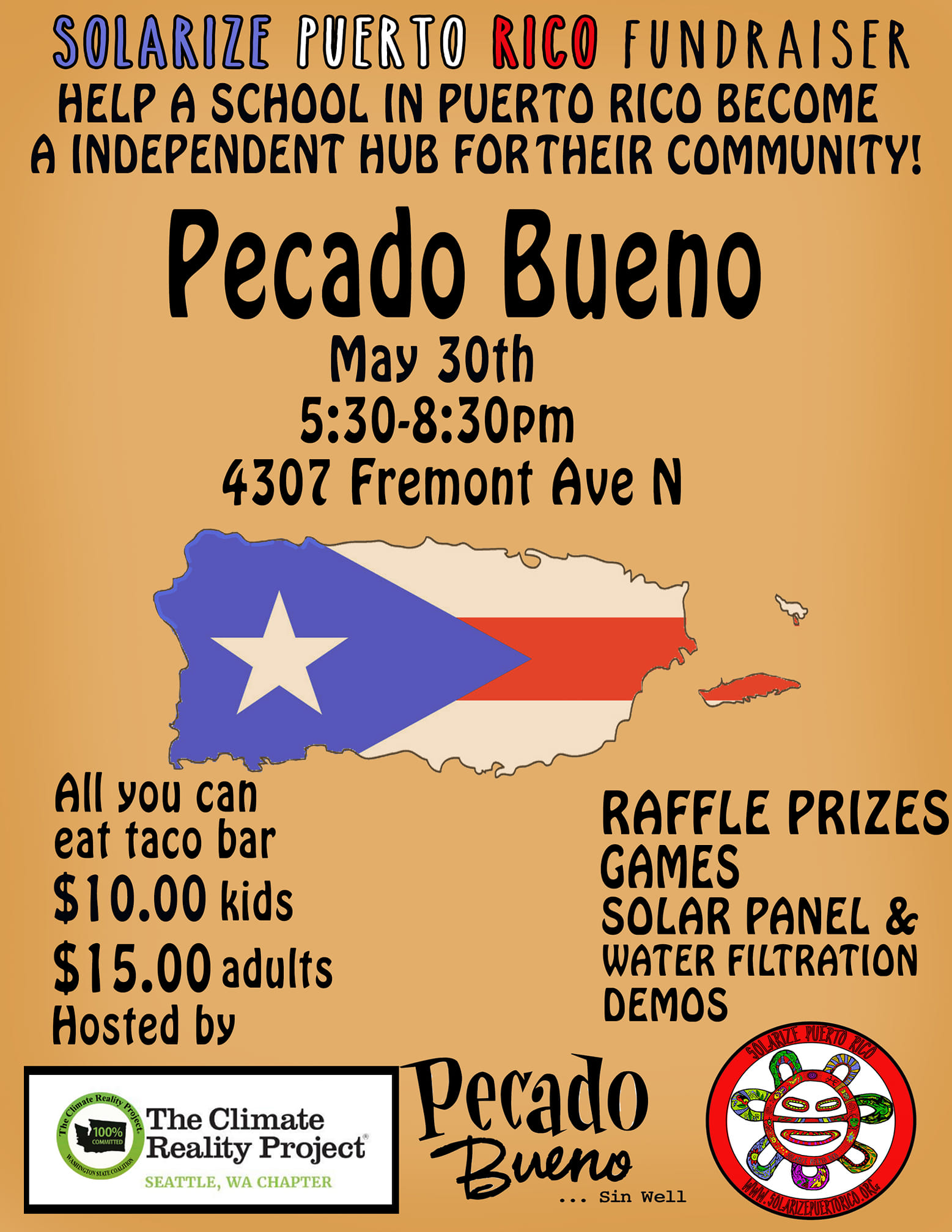 Solarize Puerto Rico Fundraiser at Pecado Bueno May 30th, 5:30pm-8:30pm. Hosted by Climate Reality Project Seattle Chapter